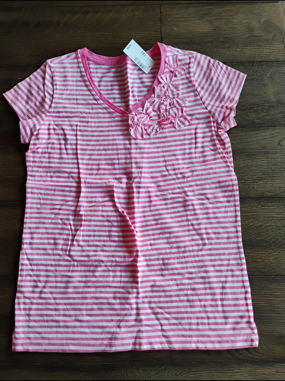 The Children's Place Pink & White Striped V-Neck Tee with Floral Rosettes